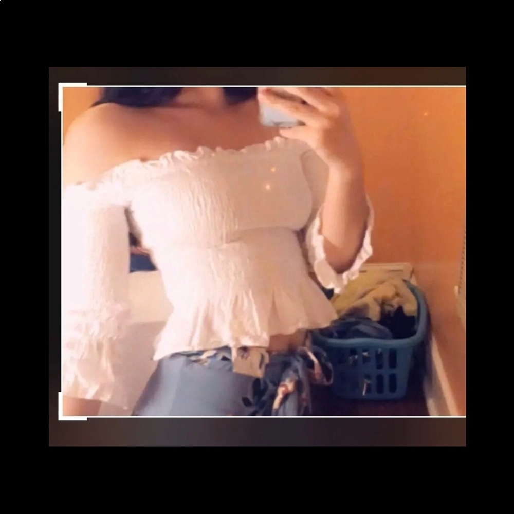 Women white smocked offshoulder crop top
